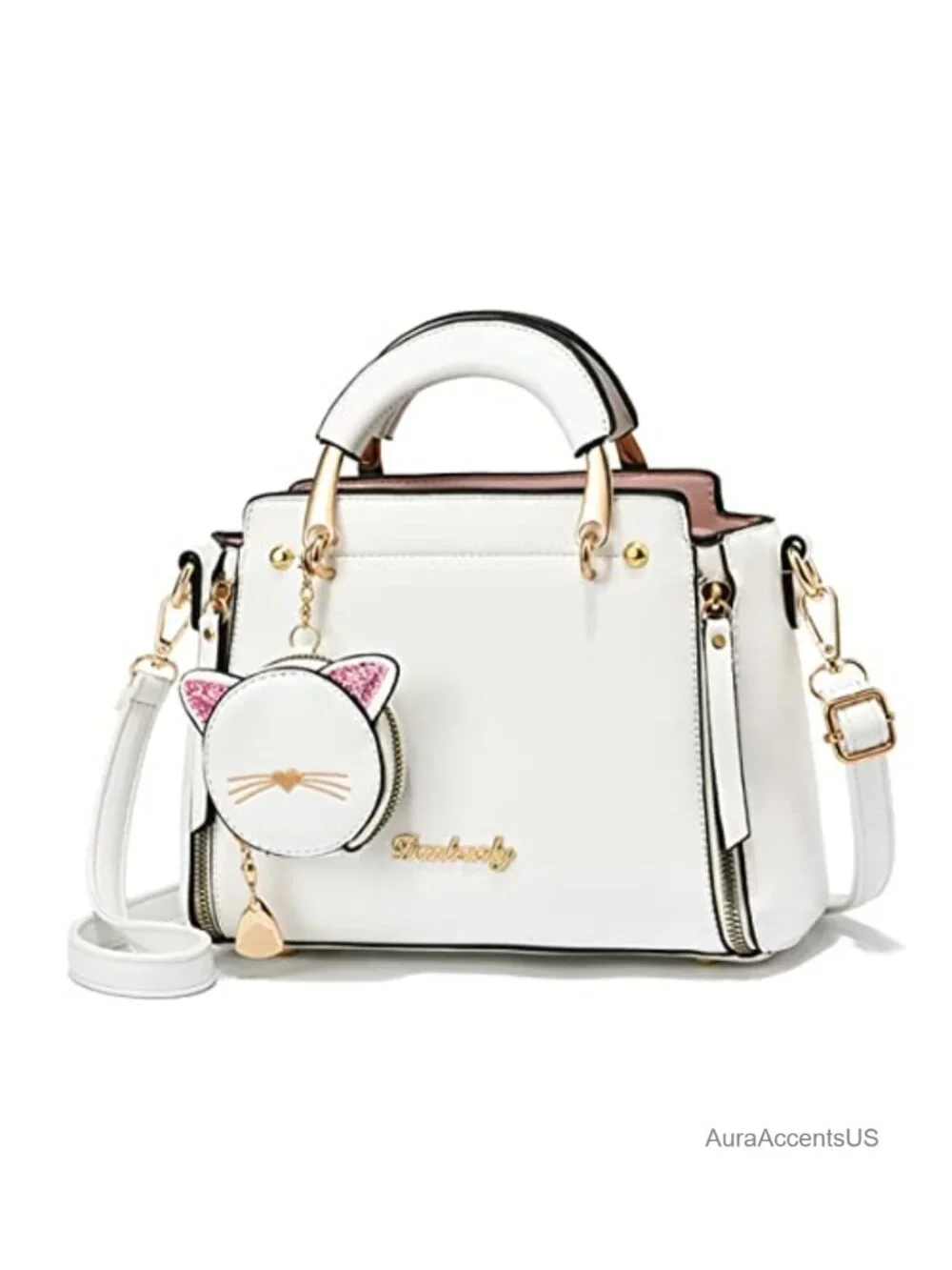 PU Leather Top Handle Satchel Crossbody Bag with Kitten Pendant - Small Tote